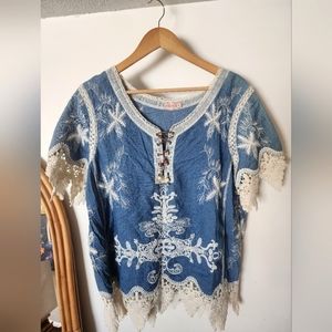 70s blue and cream chambray and lace crocheted embroidered tunic blouse top